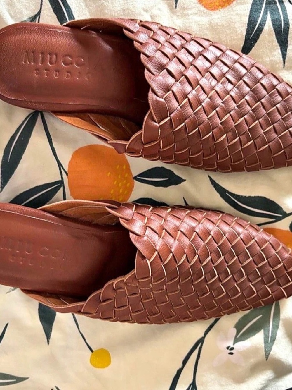 Miuccia Studio Woven Genuine Leather Mules in Brown Size 8 Excellent Condition